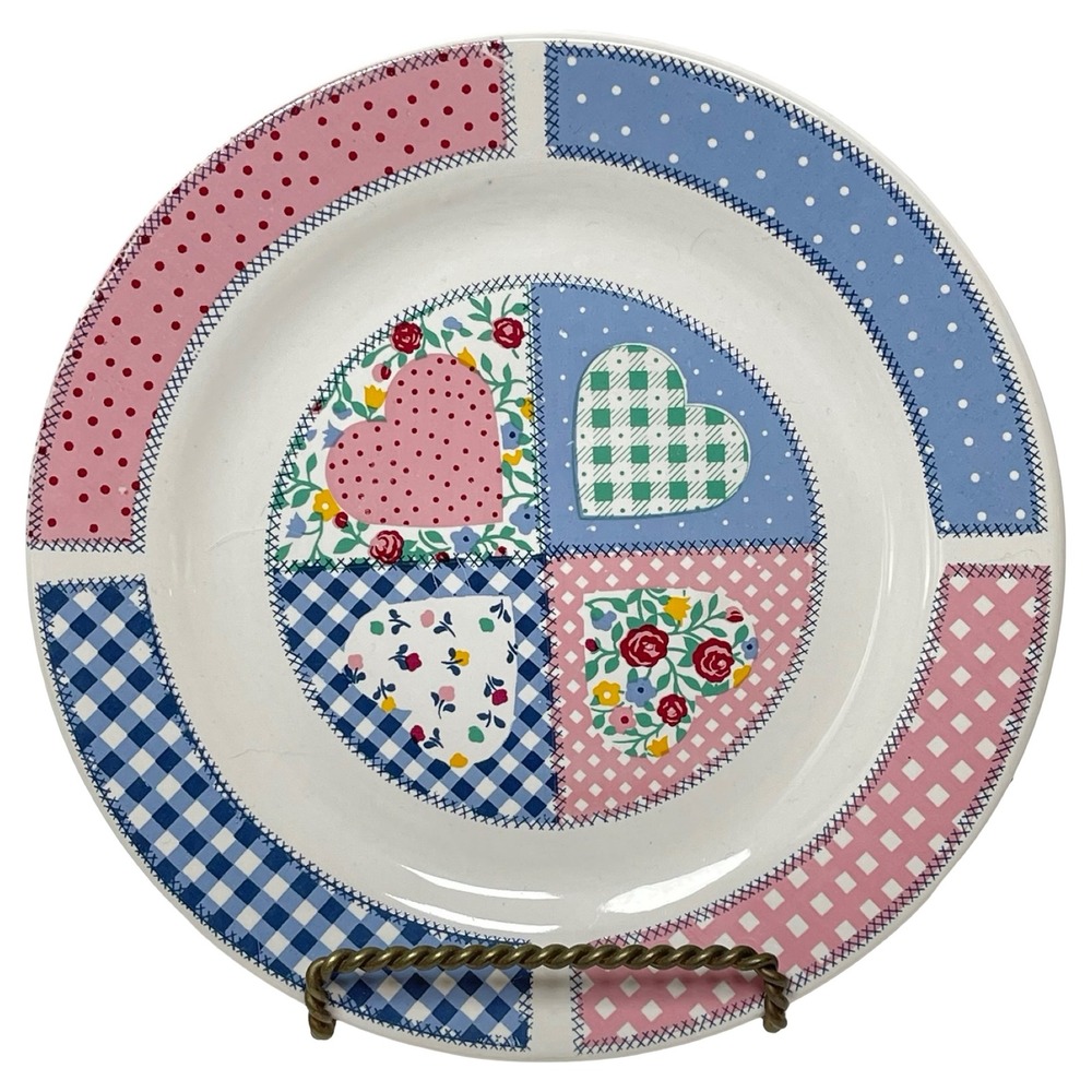 Vintage Tabletops Unlimited Patchwork Heart Salad Plate Pink Blue Floral Gingham